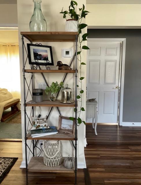 Open shelving styled with trailing greenery, framed art, and stacked books